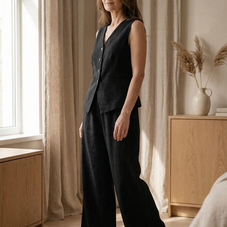 Minimalist Tencel Linen Two Piece Set | Womens Button Vest & Wide Leg Trousers | Chic Matching Outfit | Modern Minimalist Set image 1