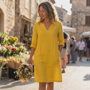 Jurk met V-hals in linnenlook - ademende A-lijn, casual stijl