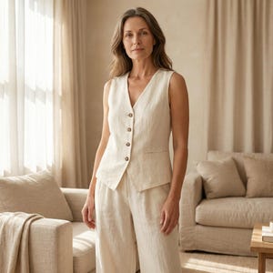 Minimalist Tencel Linen Two Piece Set | Womens Button Vest & Wide Leg Trousers | Chic Matching Outfit | Modern Minimalist Set Light Cream