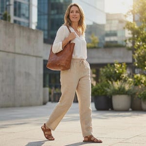 May include: A woman wearing a white blouse, tan linen pants, and brown leather sandals walks outdoors. She carries a large brown leather tote bag over her shoulder. The background includes a modern building and greenery.