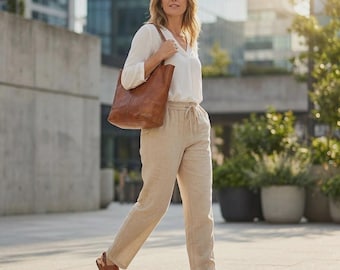 Linen Blend Trousers Women - Breathable Elastic Waist