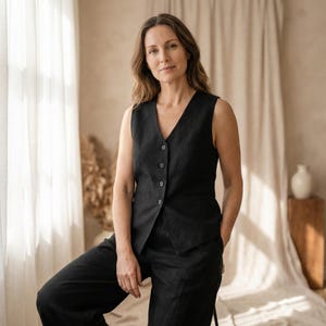 Minimalist Tencel Linen Two Piece Set | Womens Button Vest & Wide Leg Trousers | Chic Matching Outfit | Modern Minimalist Set Black