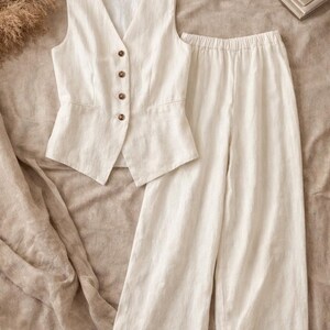Minimalist Tencel Linen Two Piece Set | Womens Button Vest & Wide Leg Trousers | Chic Matching Outfit | Modern Minimalist Set image 7
