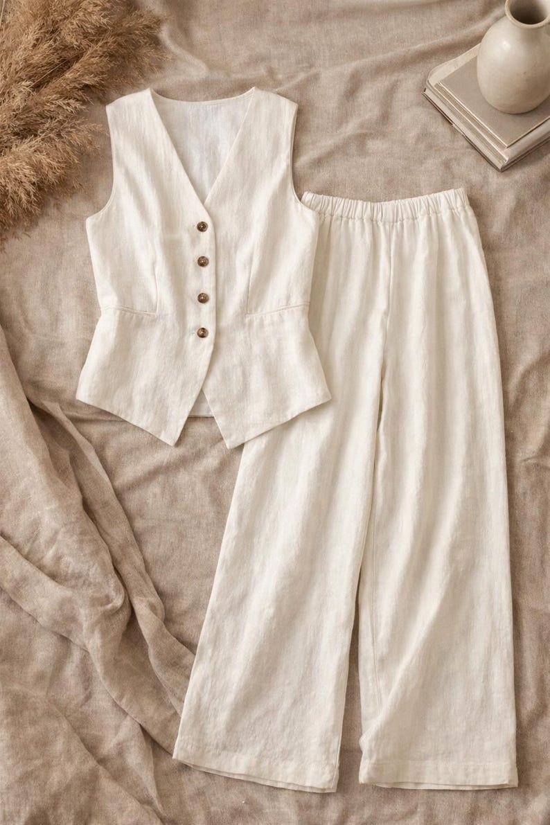 Minimalist Tencel Linen Two Piece Set | Womens Button Vest & Wide Leg Trousers | Chic Matching Outfit | Modern Minimalist Set image 7