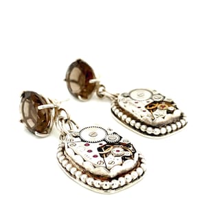 Sterling Silver Steampunk Watch Component bezel Set Post Earrings with Smoky Quartz basket set gemstone