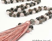 Mala Necklace, Rose Quartz, Labradorite, Blue Rhyolite, Tassel, beaded Necklace, Bohemian Necklace, Yoga Beads, Meditation Jewelry (MN12)