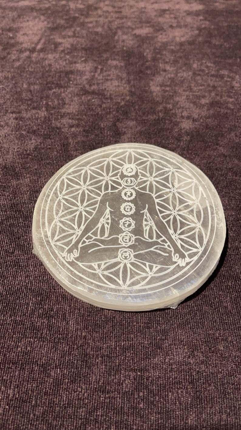 Selenite plate, gemstone plate, Selenite gemstone plate, selenite flower of life plate, selenite chakra plate, charging plate, grid plate image 8