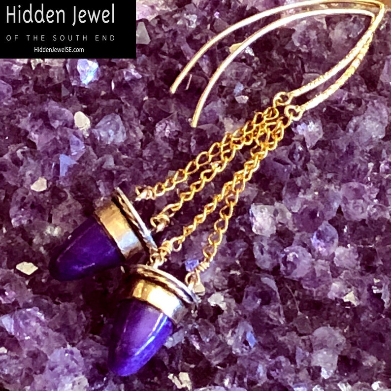 oval purple earrings sugilite earrings Sugilite Sterling Silver dangling purple bullet earrings with gold accents purple earrings E167