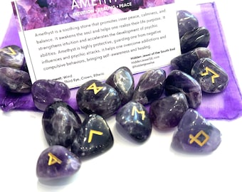 Gemstone Rune Set, Runes, Divination kit, Elder Futhark Rune, Amethyst rune kit, Rose Quartz rune  kit, Red Jasper rune kit