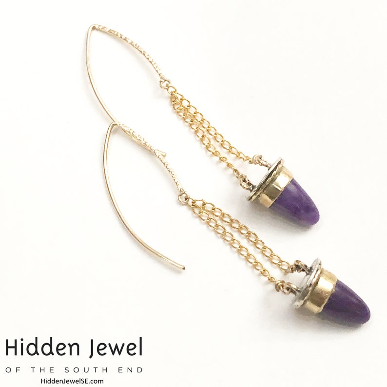 oval purple earrings sugilite earrings Sugilite Sterling Silver dangling purple bullet earrings with gold accents purple earrings E167