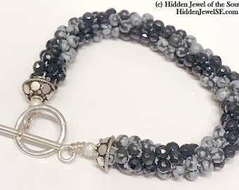 Snowflake Jasper & Faceted Onyx  Crocheted Bracelet with sterling silver clasp, Spiral twist of gemstone beads Crocheted Bangle (CR82)