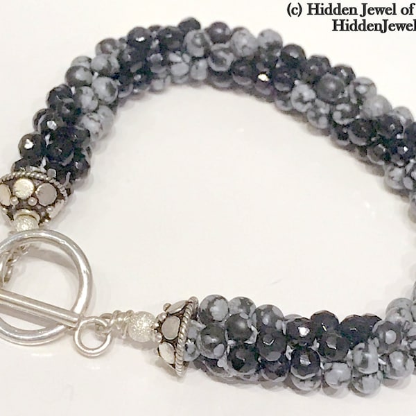 Snowflake Jasper & Faceted Onyx  Crocheted Bracelet with sterling silver clasp, Spiral twist of gemstone beads Crocheted Bangle (CR82)