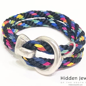 Black and Rainbow Kumihimo Braided bracelet with silver hook clasp, size 6.5 inches, braided bracelet, Pride bracelet, unisex jewelry (B111)
