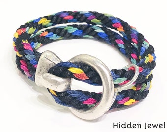 Black and Rainbow Kumihimo Braided bracelet with silver hook clasp, size 6.5 inches, braided bracelet, Pride bracelet, unisex jewelry (B111)