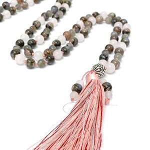 Rose Quartz Mala Necklace: Labradorite, Blue Rhyolite, Tassel, Yoga Beads