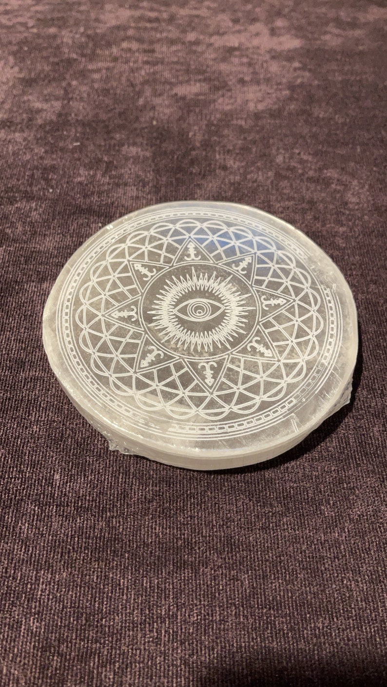 Selenite plate, gemstone plate, Selenite gemstone plate, selenite flower of life plate, selenite chakra plate, charging plate, grid plate image 6