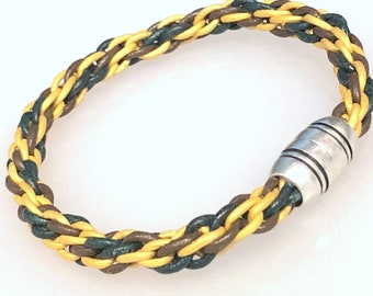 Mens Brown, gold. and green  Braided Leather Bracelet with silver magnetic clasp, braided leather wrap, nautical style,  size 7 (W133)