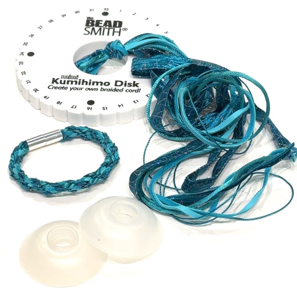 Kumihimo kits, Japanese Braided Bracelets, Kit with ribbons and satin cords w/ closer