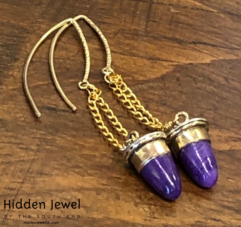 oval purple earrings sugilite earrings Sugilite Sterling Silver dangling purple bullet earrings with gold accents purple earrings E167