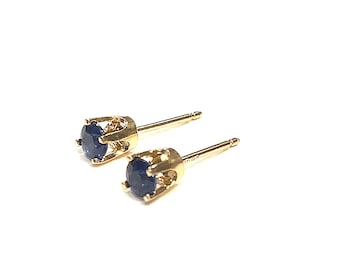 Blue Sapphire 3.5 mm gemstone stud earrings, 14k gold Basket set gemstone post earrings, Blue sapphire, Gemstone earrings, Gemstone studs