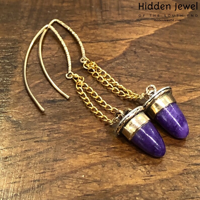 oval purple earrings sugilite earrings Sugilite Sterling Silver dangling purple bullet earrings with gold accents purple earrings E167
