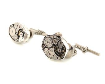 Componente de reloj Steampunk vintage con alfiler de corbata - Engaste de bisel de plata esterlina
