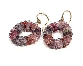 Red Spinel Crocheted Beaded hoop earrings, Gemstone earrings, Spinel jewelry, Gold Filled, Gemstone jewelry, healing stone,  Red Spinel