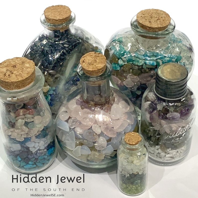 Gemstone crystal chip glass bottle, Stone Bottle Set , Gemstone Chips , Crystal Gemstone Bottle , gemstone crystal chips, meditation image 1