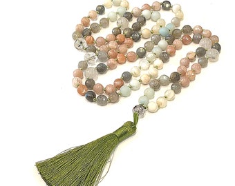 Peach and white Moonstone Mala, Amazonite Mala, Phantom Quartz Mala, Labradorite Mala, mala necklace, healing jewelry, Spiritual Jewelry