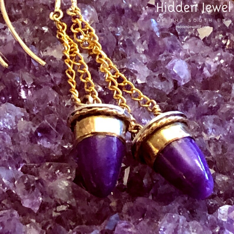 oval purple earrings sugilite earrings Sugilite Sterling Silver dangling purple bullet earrings with gold accents purple earrings E167