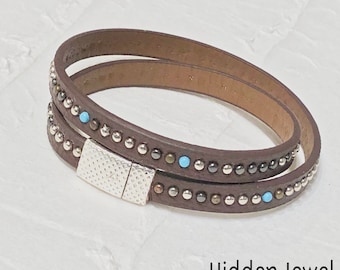 Light brown turquoise studded wrapped Leather flat bangle two times around Bracelet with magnetic silver clasp, size 8.75, unisex  (W153)
