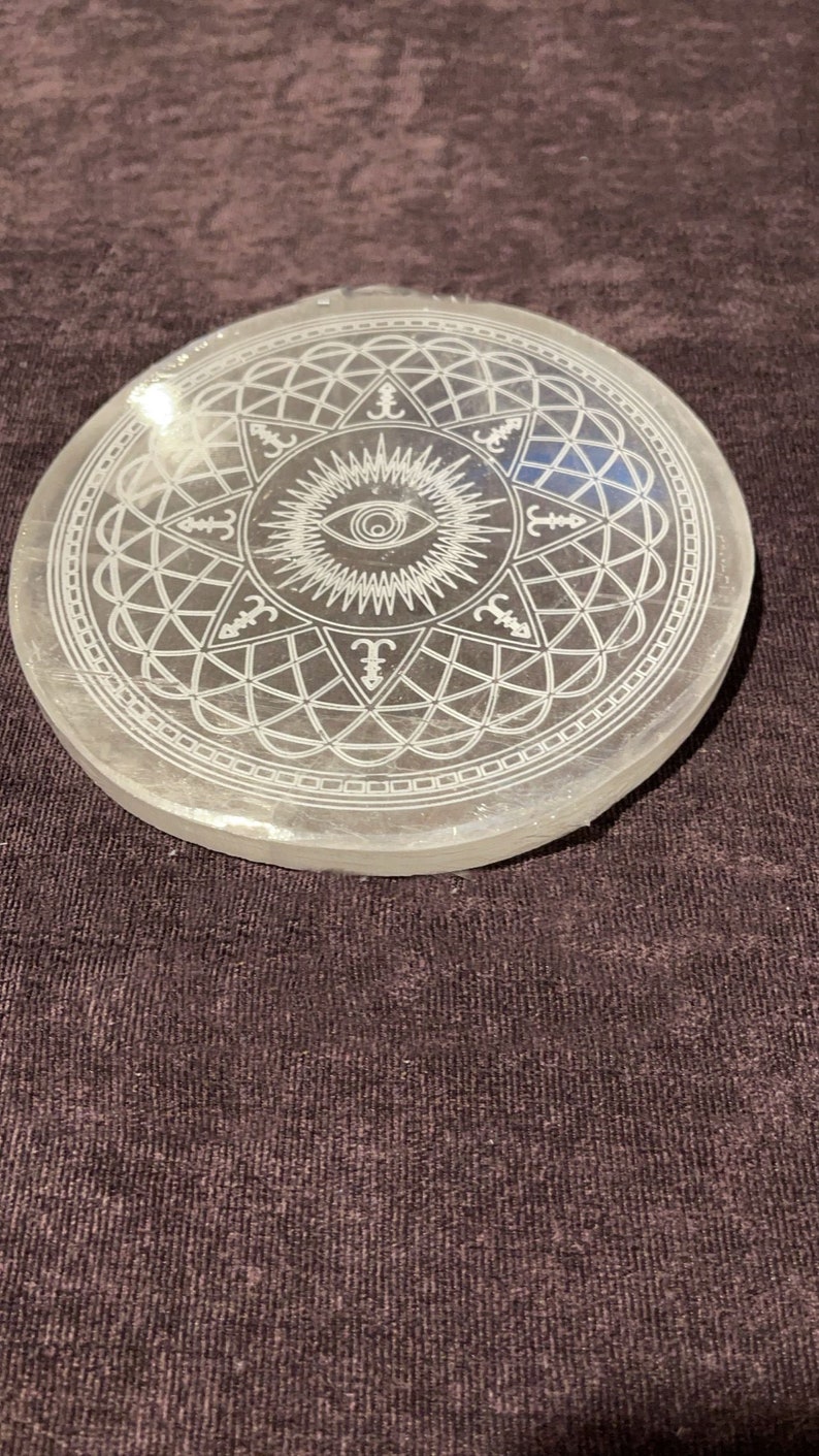 Selenite plate, gemstone plate, Selenite gemstone plate, selenite flower of life plate, selenite chakra plate, charging plate, grid plate image 1