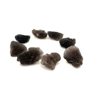 Può includere: Una collezione di otto cristalli di quarzo affumicato, ognuno con una forma e una dimensione uniche. I cristalli sono di colore marrone scuro con una qualità traslucida. Sono disposti in cerchio su uno sfondo bianco.