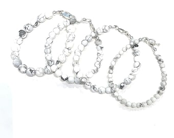 White Howlite Gemstone Bracelet: Sterling Silver Clasp, Healing Stone