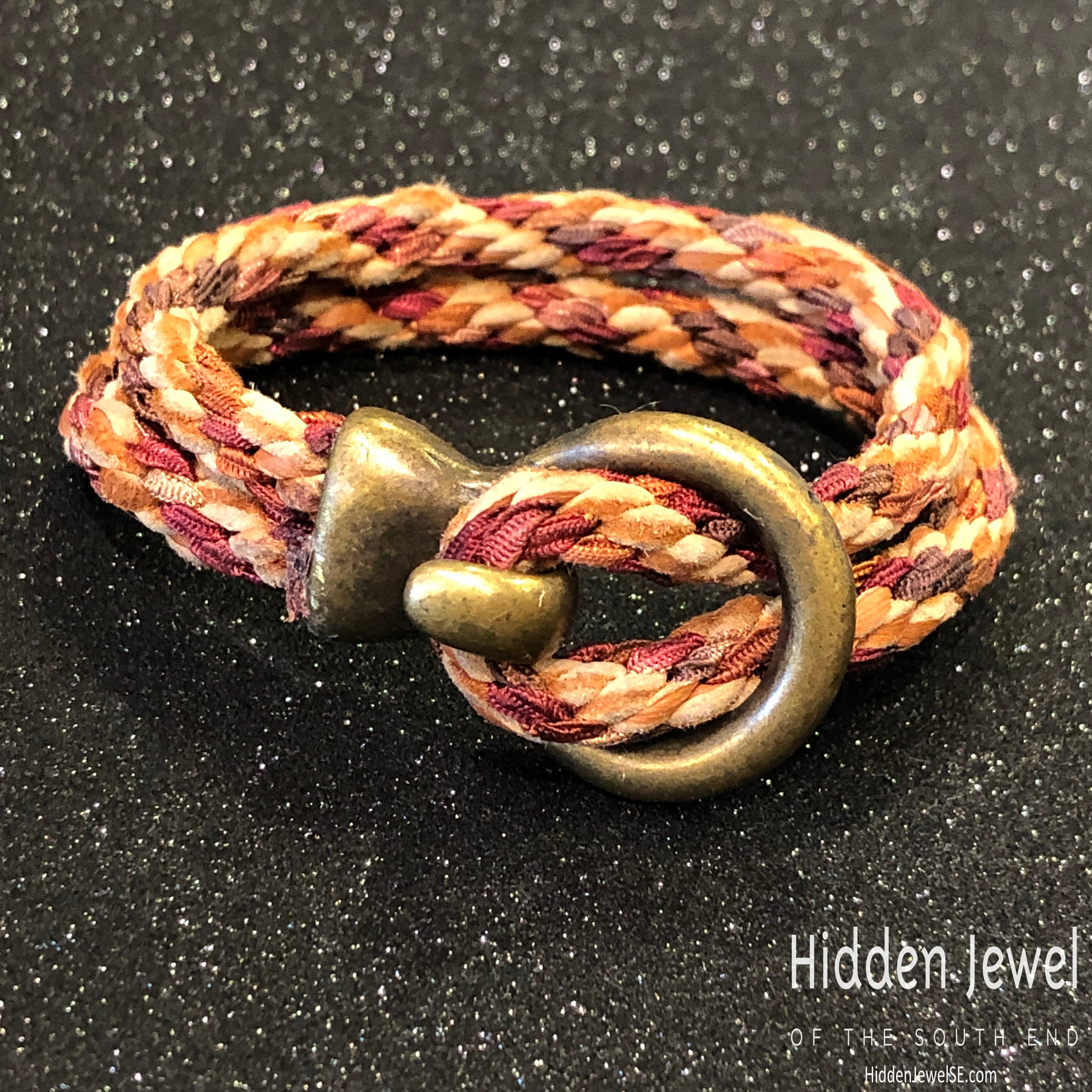 W167 Brown Kumihimo Braided bracelet with brass integrated hook clasp unisex size 6.75 inches brown leather and Ribbon braided bracelet