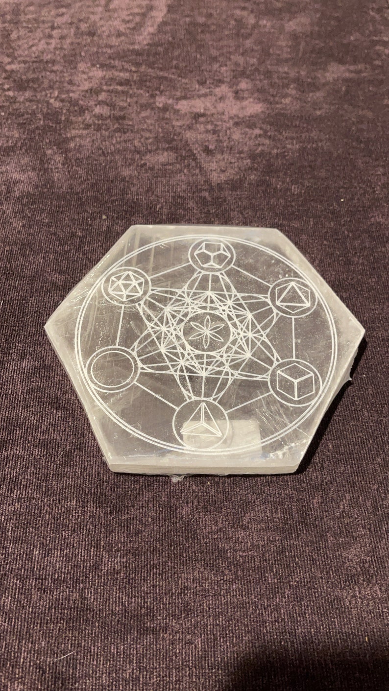 Selenite plate, gemstone plate, Selenite gemstone plate, selenite flower of life plate, selenite chakra plate, charging plate, grid plate image 5