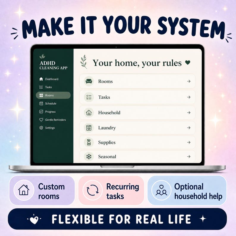 May include: A laptop screen displays the ADHD Cleaning App interface with a dark green sidebar and a light cream main menu. Text reads MAKE IT YOUR SYSTEM, Your home, your rules, and FLEXIBLE FOR REAL LIFE, with icons for rooms, tasks, and household help.