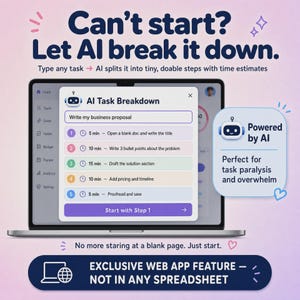 May include: A laptop screen displays an AI Task Breakdown interface with a five-step list for writing a business proposal. Text reads: Can't start? Let AI break it down. Powered by AI. Exclusive web app feature - not in any spreadsheet.