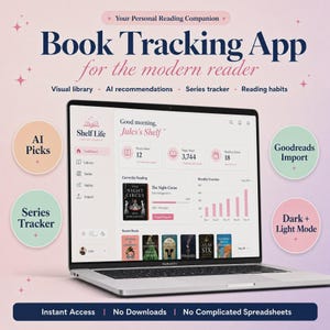 Könnte beinhalten: Ein Laptop zeigt die Benutzeroberfläche der Lese-Tracking-App Shelf Life. Der Bildschirm zeigt ein Dashboard mit Lesestatistiken, einem aktuellen Buchcover und einer monatlichen Übersicht. Umgebende Kreise heben Funktionen wie KI-Empfehlungen, Goodreads-Import, Serien-Tracker sowie den Hell- und Dunkelmodus hervor.