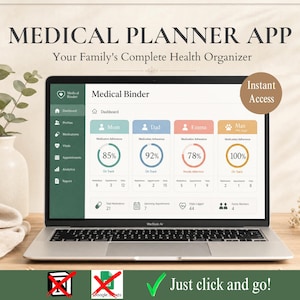Peut inclure: Un écran d'ordinateur portable affichant l'interface d'une application Medical Planner intitulée Medical Binder. Le tableau de bord présente des données de santé pour Mom, Dad, Emma et Max avec des taux d'observance médicamenteuse.