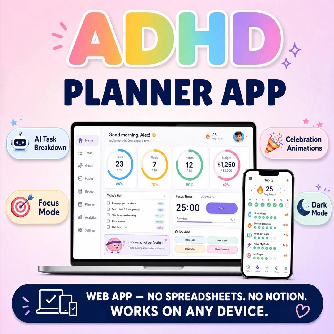 ADHD Planner App, ADHD Digital Planner, Executive Function Organizer, Habit Tracker, Time