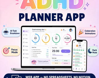ADHD Planner App, ADHD Digital Planner, Executive Function Organizer, Habit Tracker, Time Blocking, Goal Planner for ADHD Adults