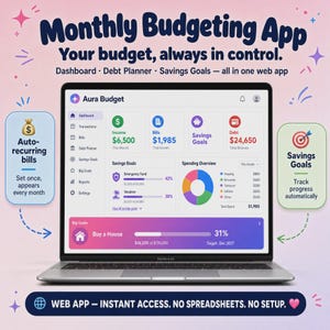 May include: A laptop displaying the Aura Budget web app interface with a dashboard showing income, bills, savings goals, and debt. The screen features a spending overview pie chart and progress bars for financial goals, surrounded by informational text.