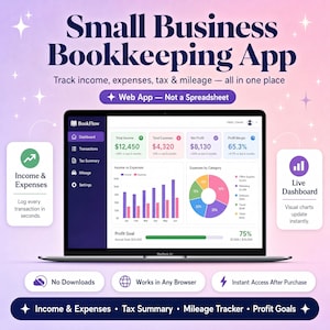 Könnte beinhalten: Ein Laptop zeigt das Dashboard der BookFlow Buchhaltungs-App für kleine Unternehmen. Der Bildschirm präsentiert Finanzdaten, Diagramme und Grafiken. Der Text umfasst "Small Business Bookkeeping App" und "Web App - Not a Spreadsheet."