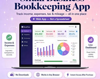 Small Business Bookkeeping App, Small Business Tracker, Income and Expense Tracker, Profit and Loss, Tax & Mileage Tracker, Web App