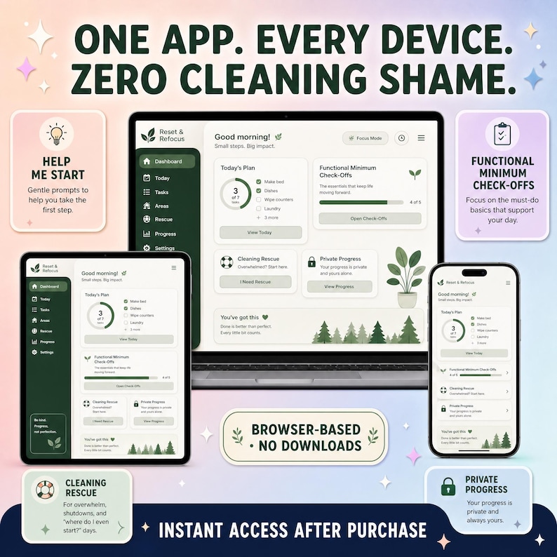 May include: A digital dashboard interface displayed on a laptop, tablet, and smartphone. The screen shows a task management app titled Reset & Refocus with sections for Today's Plan, Functional Minimum Check-Offs, Cleaning Rescue, and Private Progress.