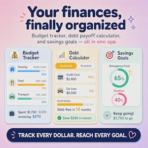 May include: A digital interface for a finance app titled Your finances, finally organized. It features three sections: Budget Tracker, Debt Calculator, and Savings Goals, with progress bars, icons, and the text TRACK EVERY DOLLAR. REACH EVERY GOAL.