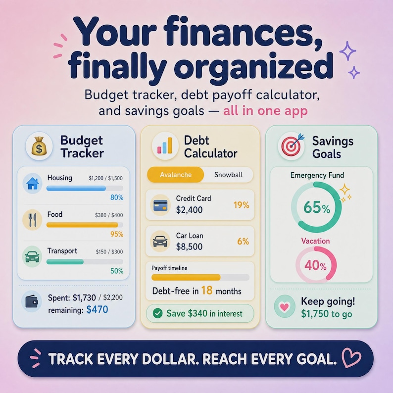 May include: A digital interface for a finance app titled Your finances, finally organized. It features three sections: Budget Tracker, Debt Calculator, and Savings Goals, with progress bars, icons, and the text TRACK EVERY DOLLAR. REACH EVERY GOAL.