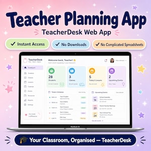May include: A laptop screen displaying the TeacherDesk web app dashboard with a sidebar menu, student and class statistics, a daily schedule, and upcoming events. The interface includes text labels like Instant Access and No Downloads.