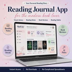 May include: A laptop displaying the Shelf Life reading tracker app interface. The screen shows a dashboard with book covers, reading statistics, and progress bars. Surrounding the laptop are circular icons for reading notes, book reviews, reading streaks, and AI picks, all set against a soft gradient background.
